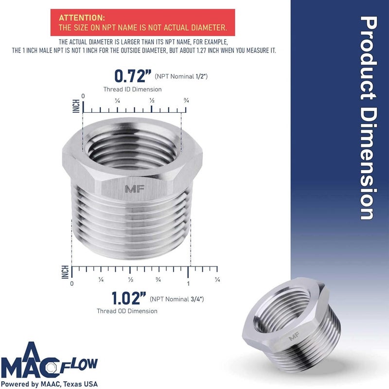 MAACFLOW Stainless Steel 3/4" Male NPT to 1/2" Female NPT Adapter Reducer Hex Bushing (Thread OD 1.02" - ID 0.72") (Pack of 1) - Image 2